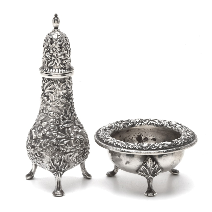 S. Kirk & Sons Repoussé Sterling Silver Salt Cellar and Shaker