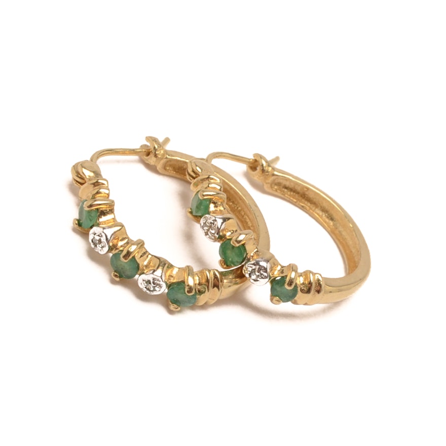 10K Yellow Gold Emerald and Diamond Hoop Earrings