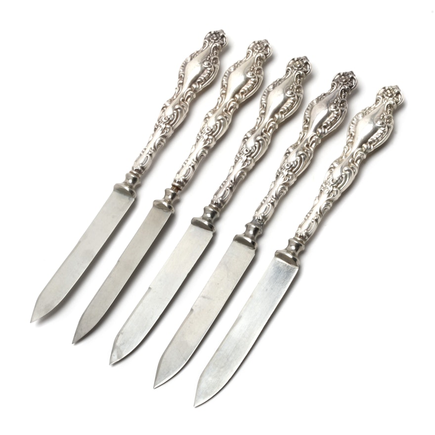 Set of Five Vintage Fruit Knives with Sterling Silver Handles