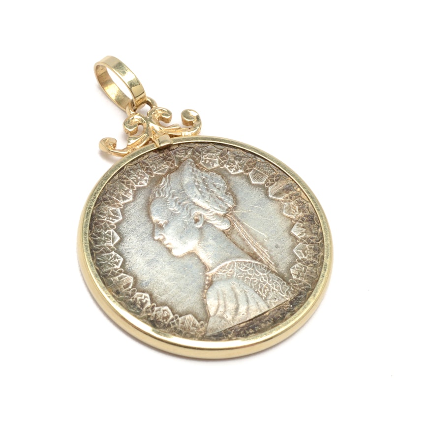 14K Yellow Gold Pendant with Italy 500 Lire Silver Coin