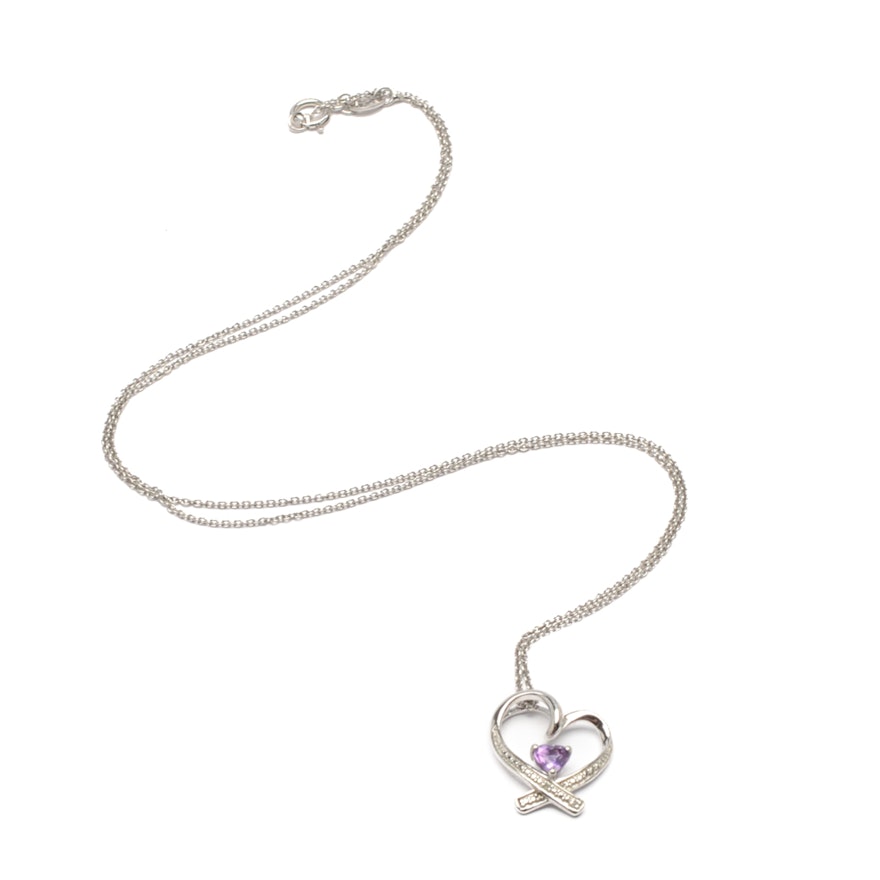 Sterling Silver Amethyst and Diamond Heart Pendant Necklace