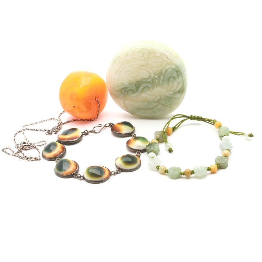 Sterling Silver Jadeite, Quartz, and Imitation Amber Jewelry Selection