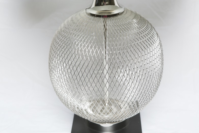 Silver Tone Metal Cage Table Lamp with Fabric Covered Shade
