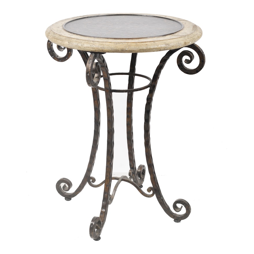 Round Side Table with Metal Scroll Base