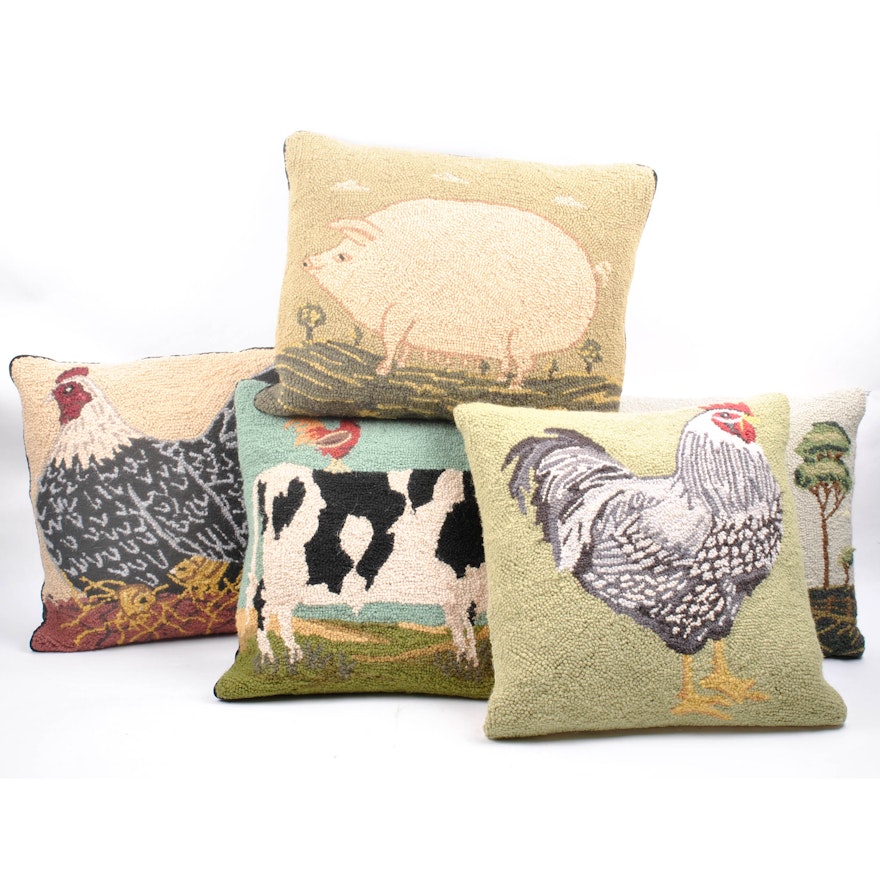 Farm Animal Themed Hooked Wool Accent Pillows