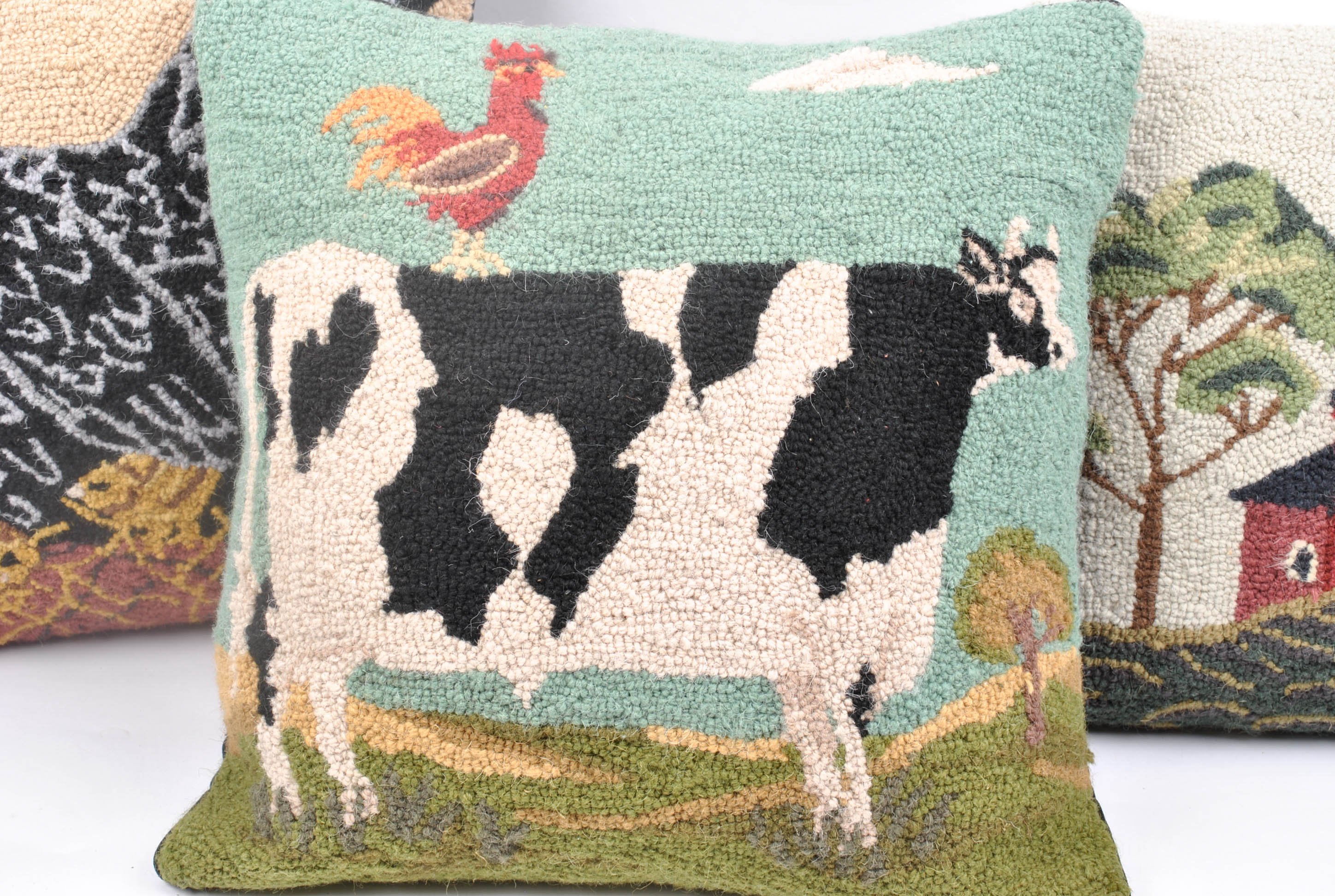 Farm Animal Themed Hooked Wool Accent Pillows