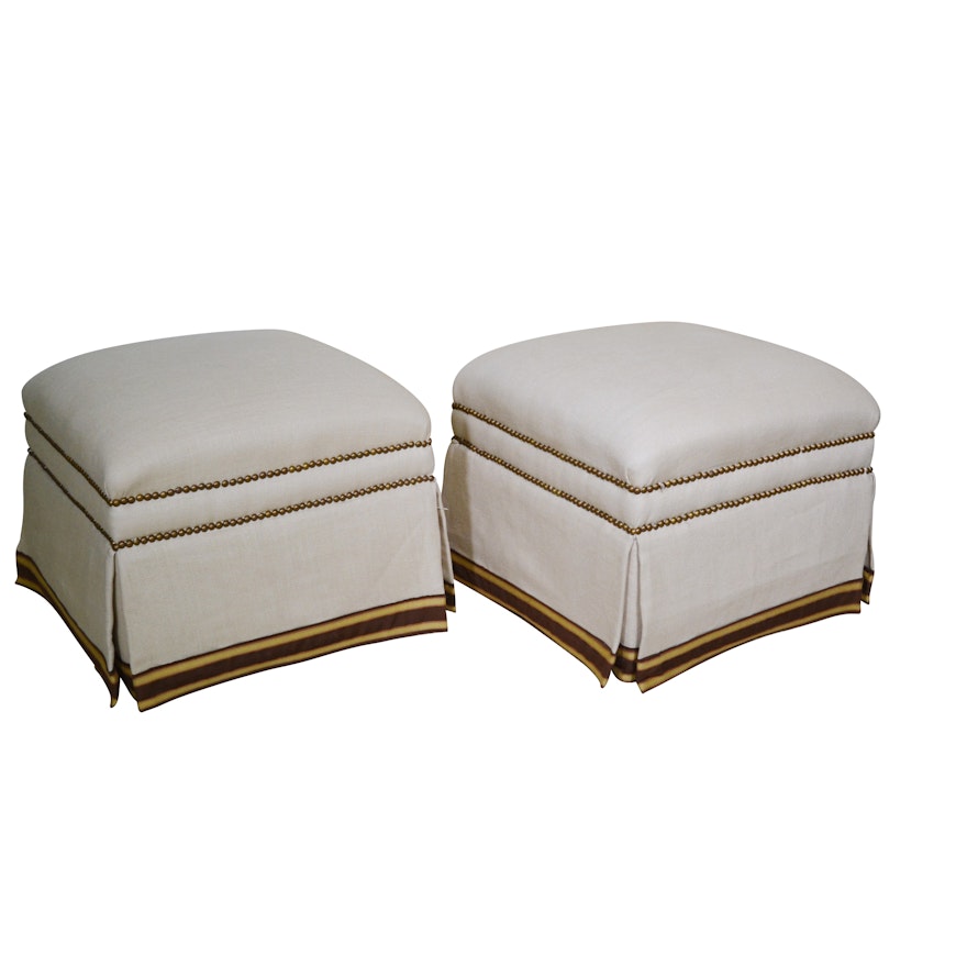 Nailhead Trimmed Ivory Upholstered Ottomans