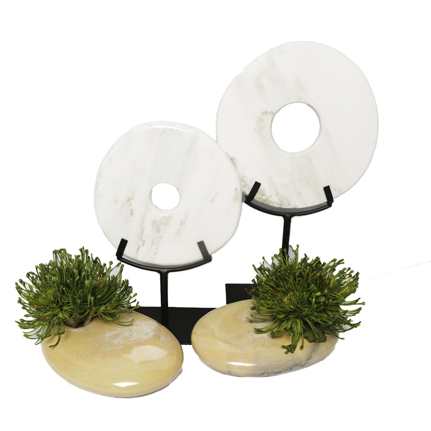 Marble Disk Sculptures on Stands and Silk Plants