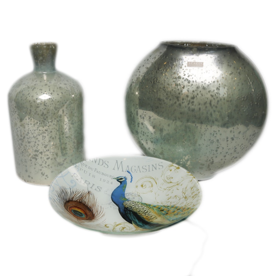Decorative Mercury Glass Style Vases and a Ceramic Plate