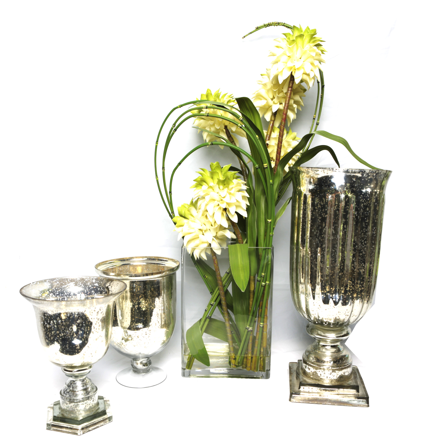 Vases with Glass, Mercury Glass and Artificial Florals