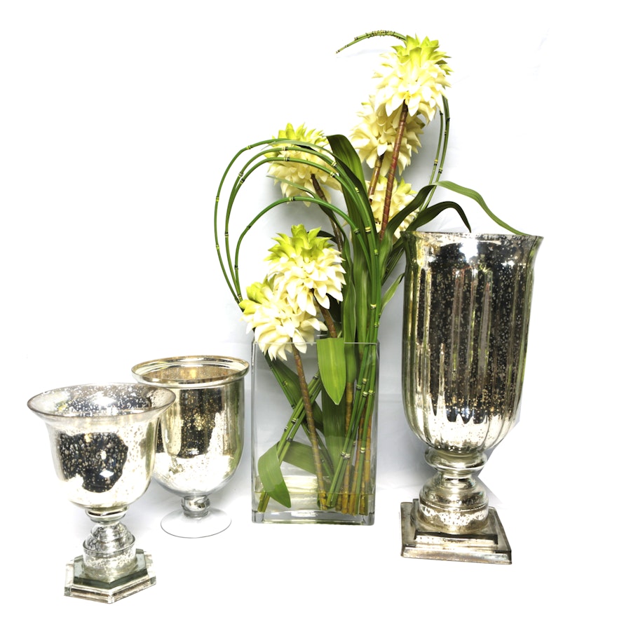 Vases with Glass, Mercury Glass and Artificial Florals