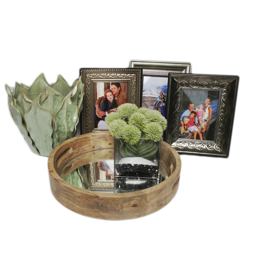 Metal Table Top Picture Frames with Vase, Tray, and Faux Arrangement