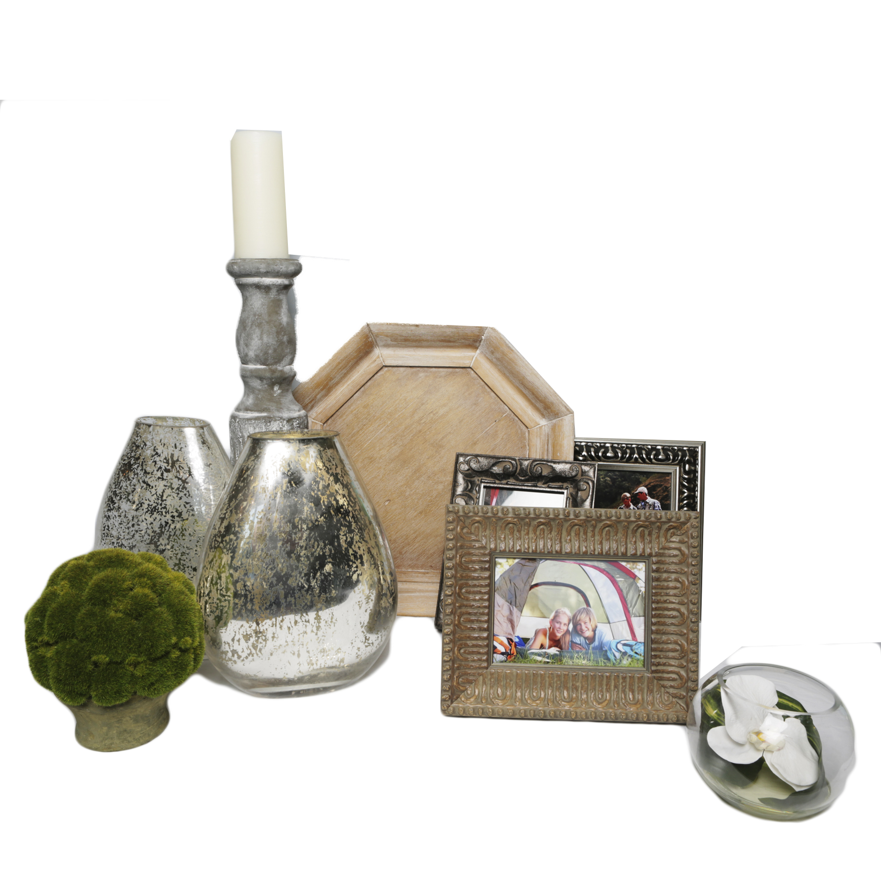 Eclectic Home Decor with Mercury-Style Glass Vases and Picture Frames