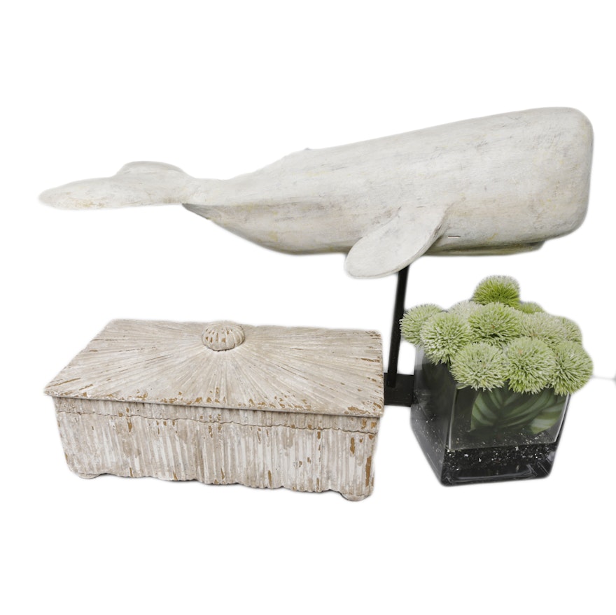 Whale Sculpture, Decorative Box, and Faux Flowers in Vase