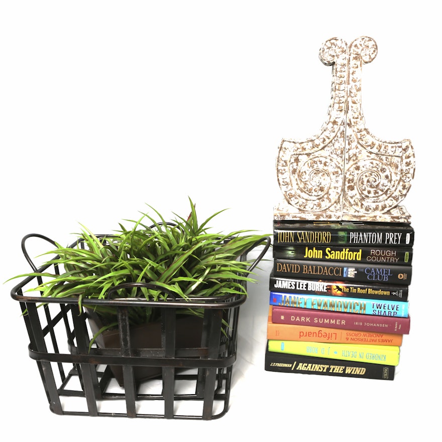 Assorted Books , Bookends, Baskets and Silk Plant