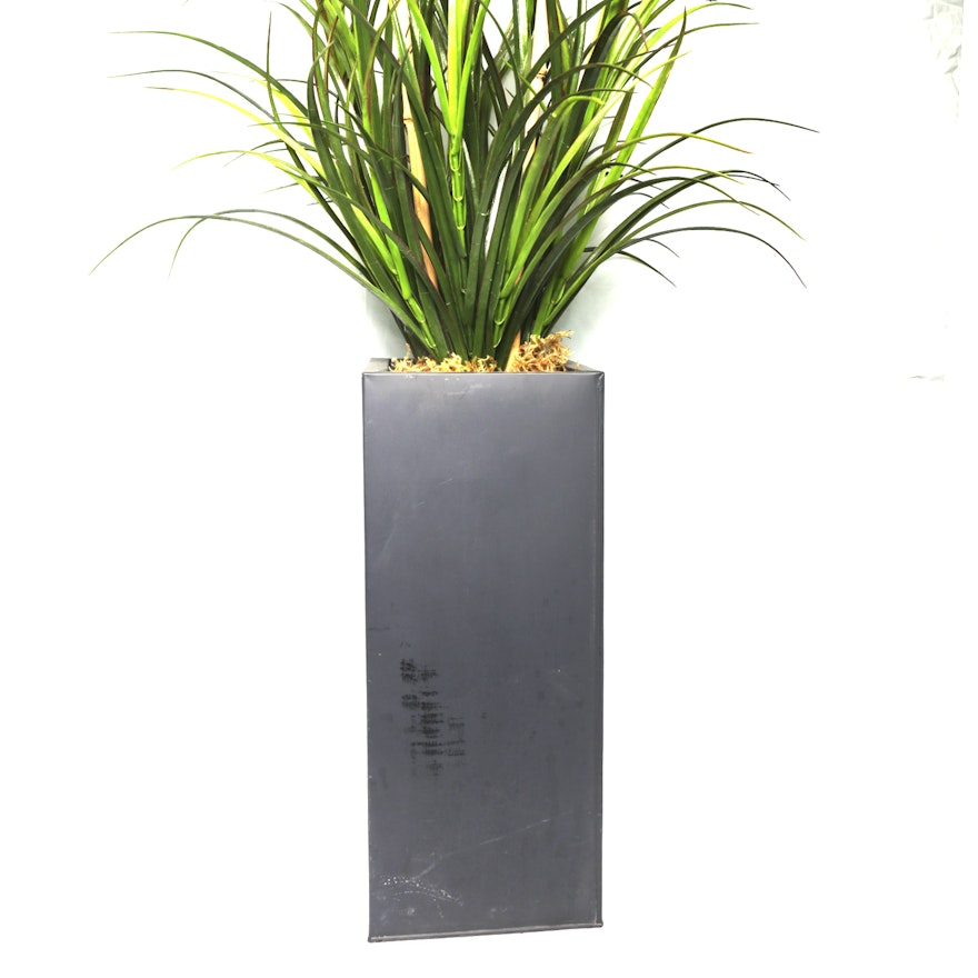 Black Metal Planter with Artificial Sweet Grass