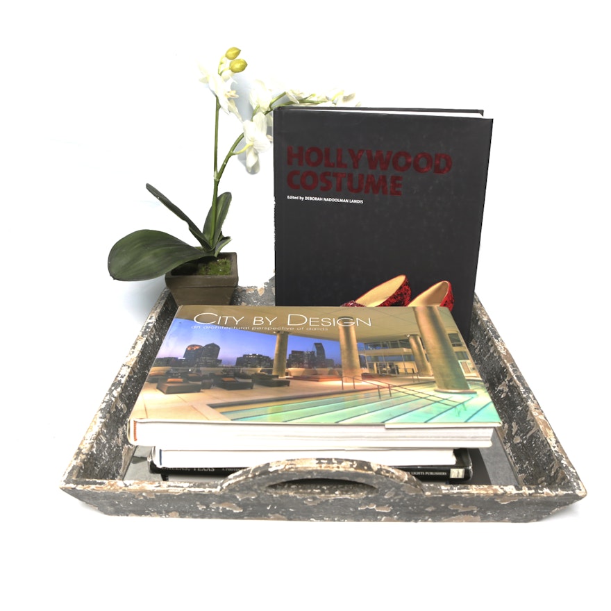 "City By Design" and Other Coffee Table Books with Tray and Faux Flowers