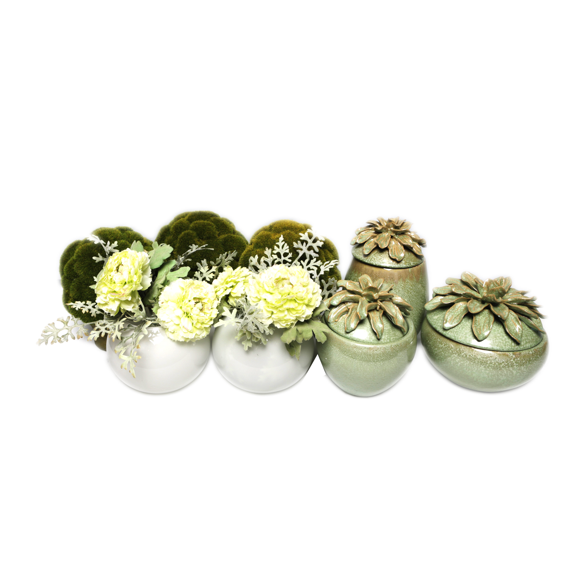 Faux Silk Carnations with Greenery and Ceramic Jars