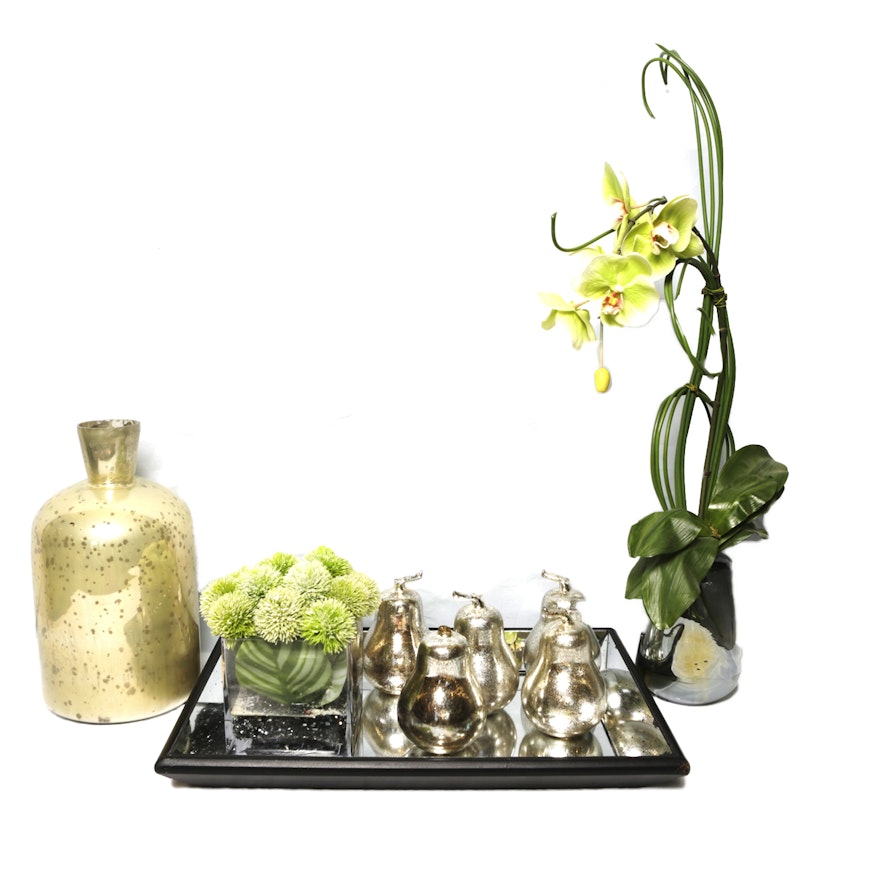 Mercury-Style Glass Jug and Pear Figurines with Faux Arrangements and Tray
