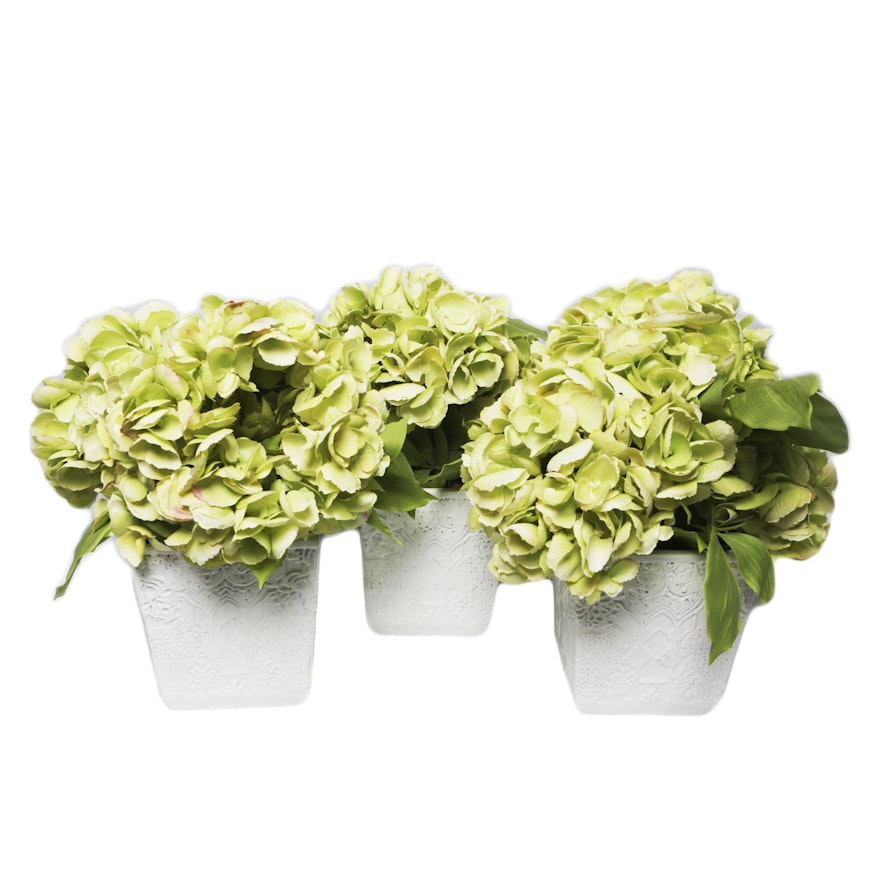 Faux Hydrangea Blooms in Ornate Ceramic Planters
