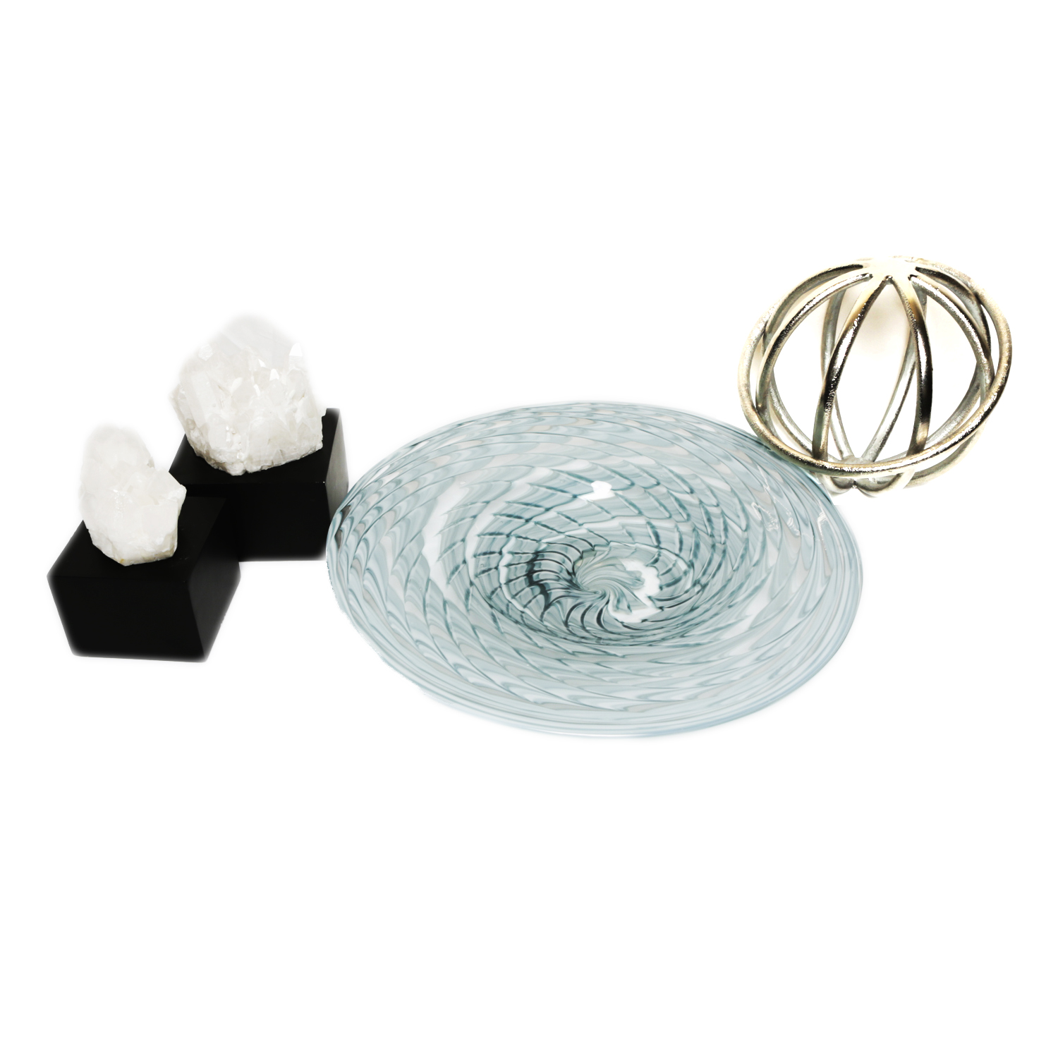 Decorative Quartz Figurines, Glass Bowl, and Metal Sculpture