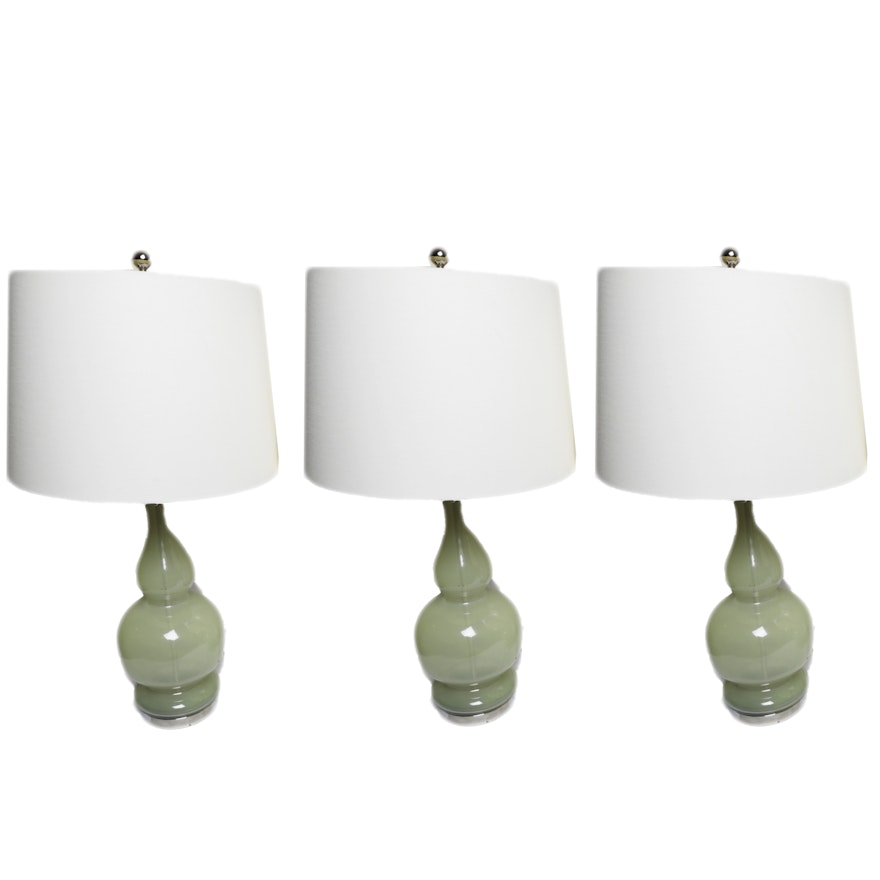 Matching Green Tint Glass Table Lamps with Fabric Covered Shades