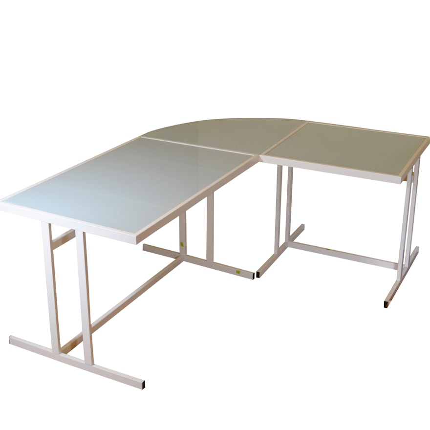 White Aluminum and Opaque Glass L-Shaped Desk