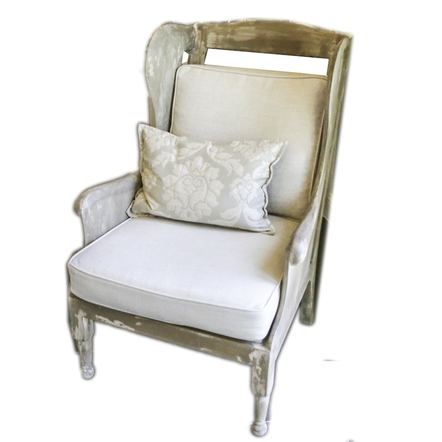 Intentionally Distressed Wood Wingback Chair with Cushions