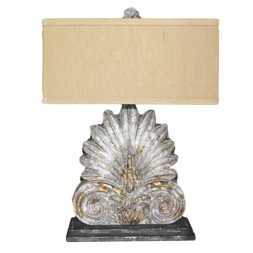 Architectural Leaf and Scroll Resin Table Lamp with Fabric Covered Shade