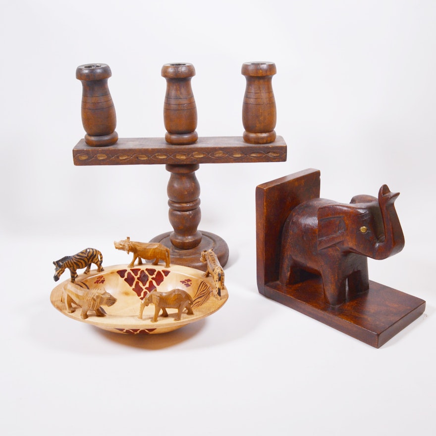 Carved Wood Animal Bowl and Other Wood Decor