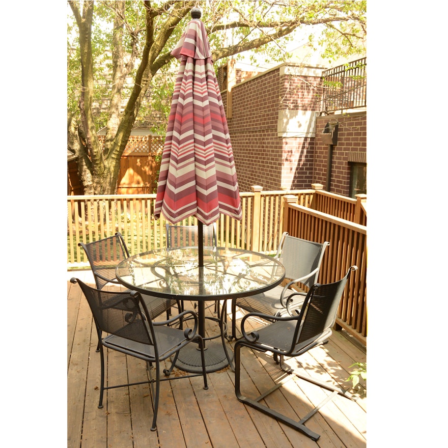 Glass Top Patio Table with Summer Classics Chairs and Umbrella