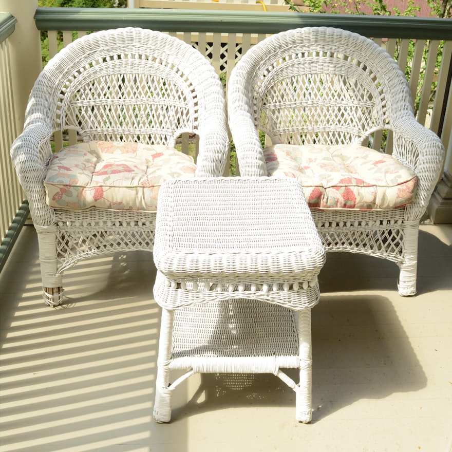 White Wicker Patio Armchairs with Side Table and Seat Cushions