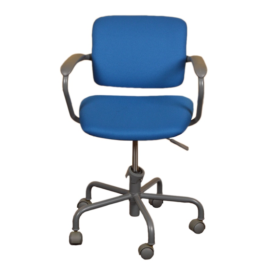 Blue Upholstered Office Chair with Grey Metal Frame and Castor Feet