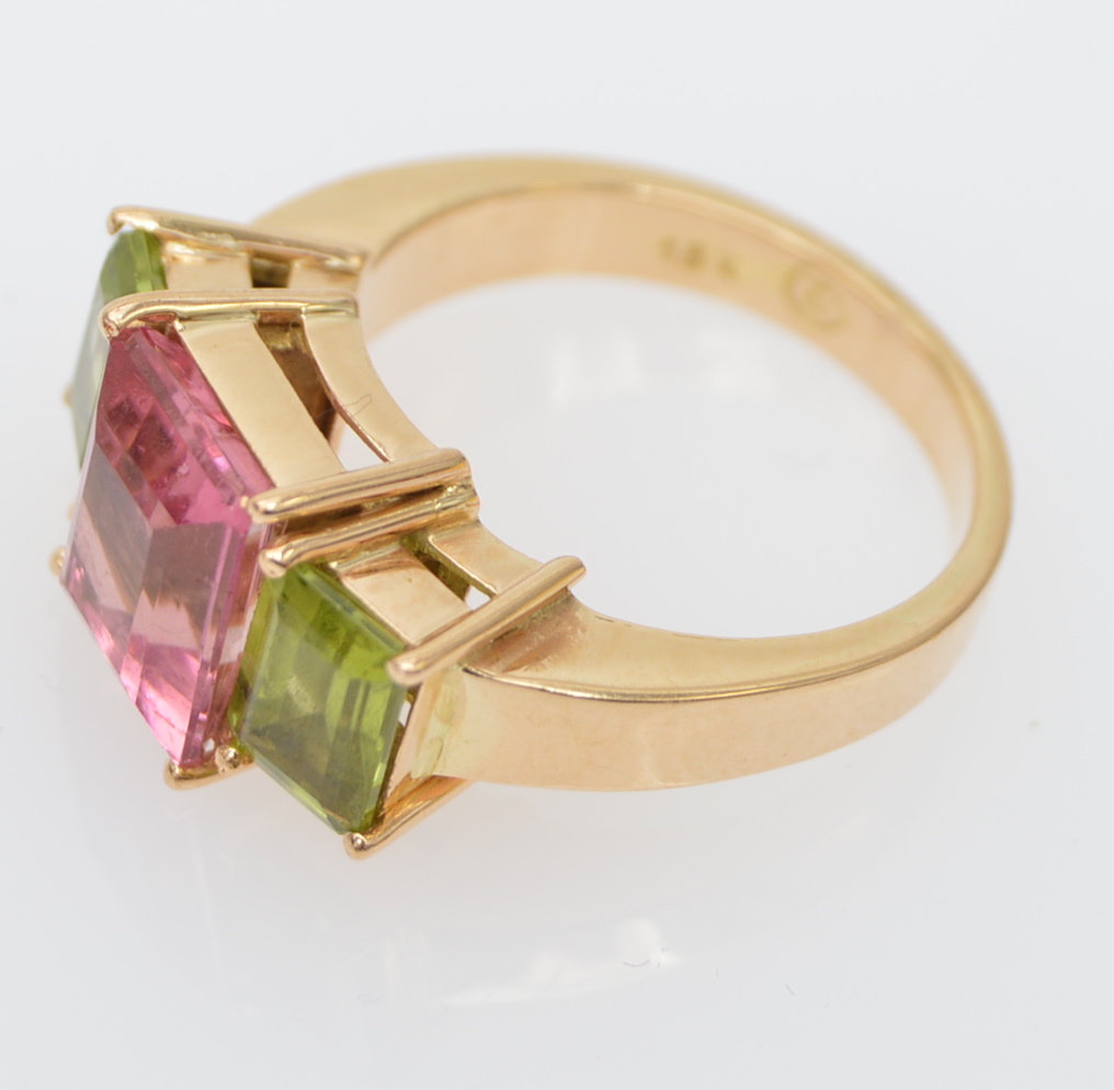 18K Yellow Gold Peridot Pink Tormaline Ring