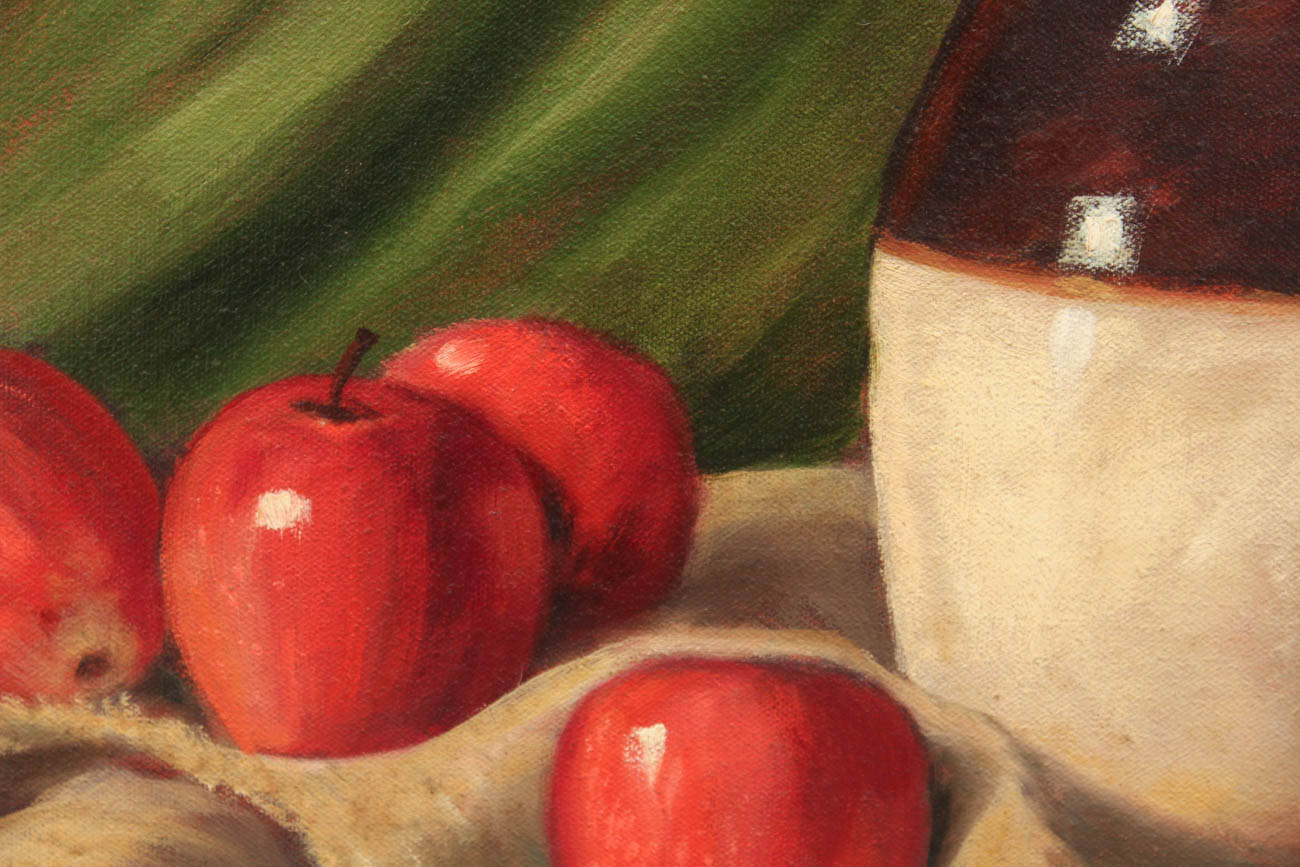 Original Still Life of Brown Jug with Apples by Evelyn Pierson