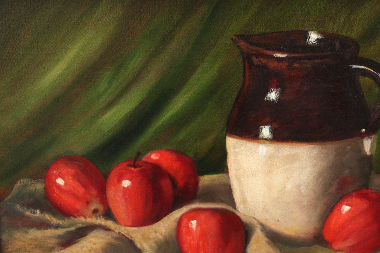 Original Still Life of Brown Jug with Apples by Evelyn Pierson