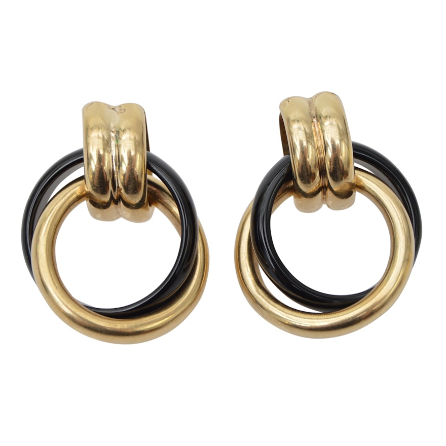 14K Yellow Gold Black Onyx Double Hoop Pierced Earrings