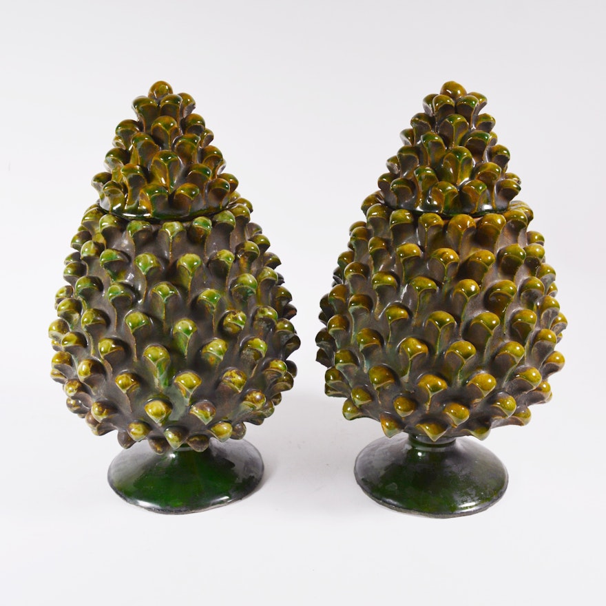 Vintage Pinecone-Shaped Lidded Ceramic Vessels