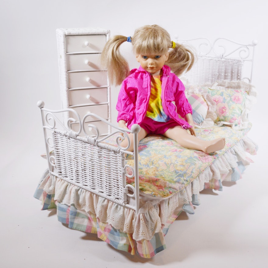 Magic Attic Doll With Wicker Bed and Dresser
