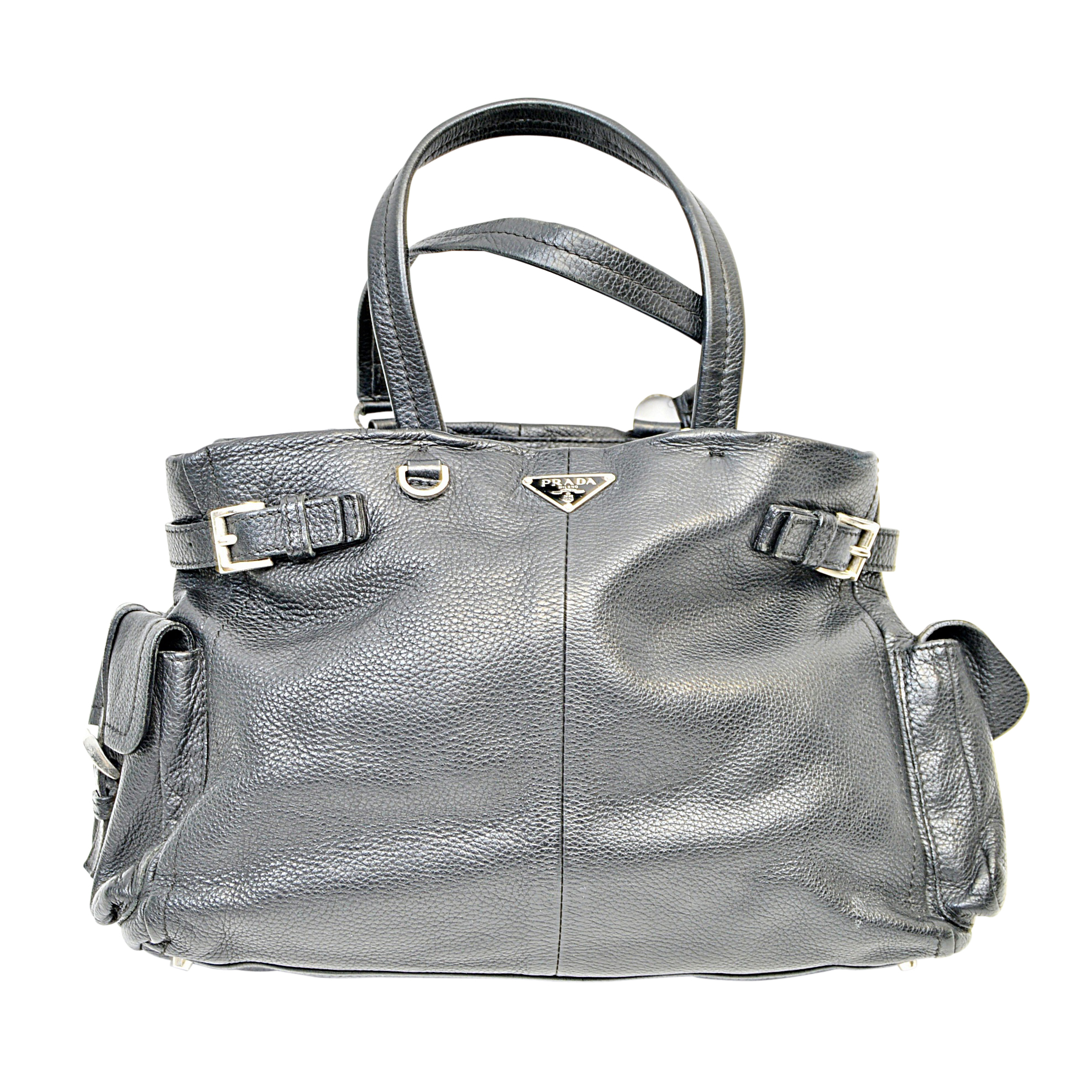 Prada Black Leather Satchel Tote Handbag