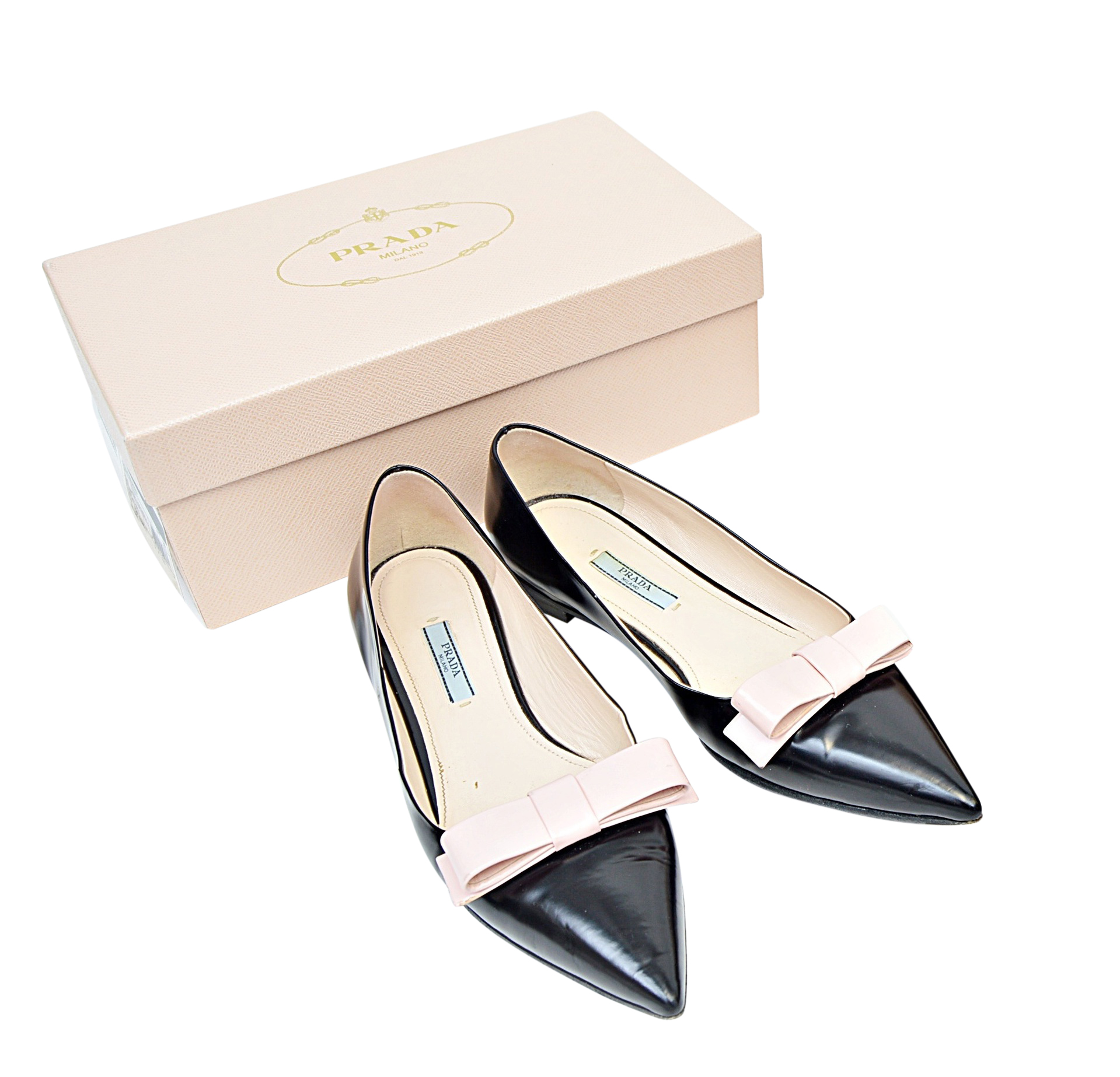 Prada Black Leather Flats with Pink Bows