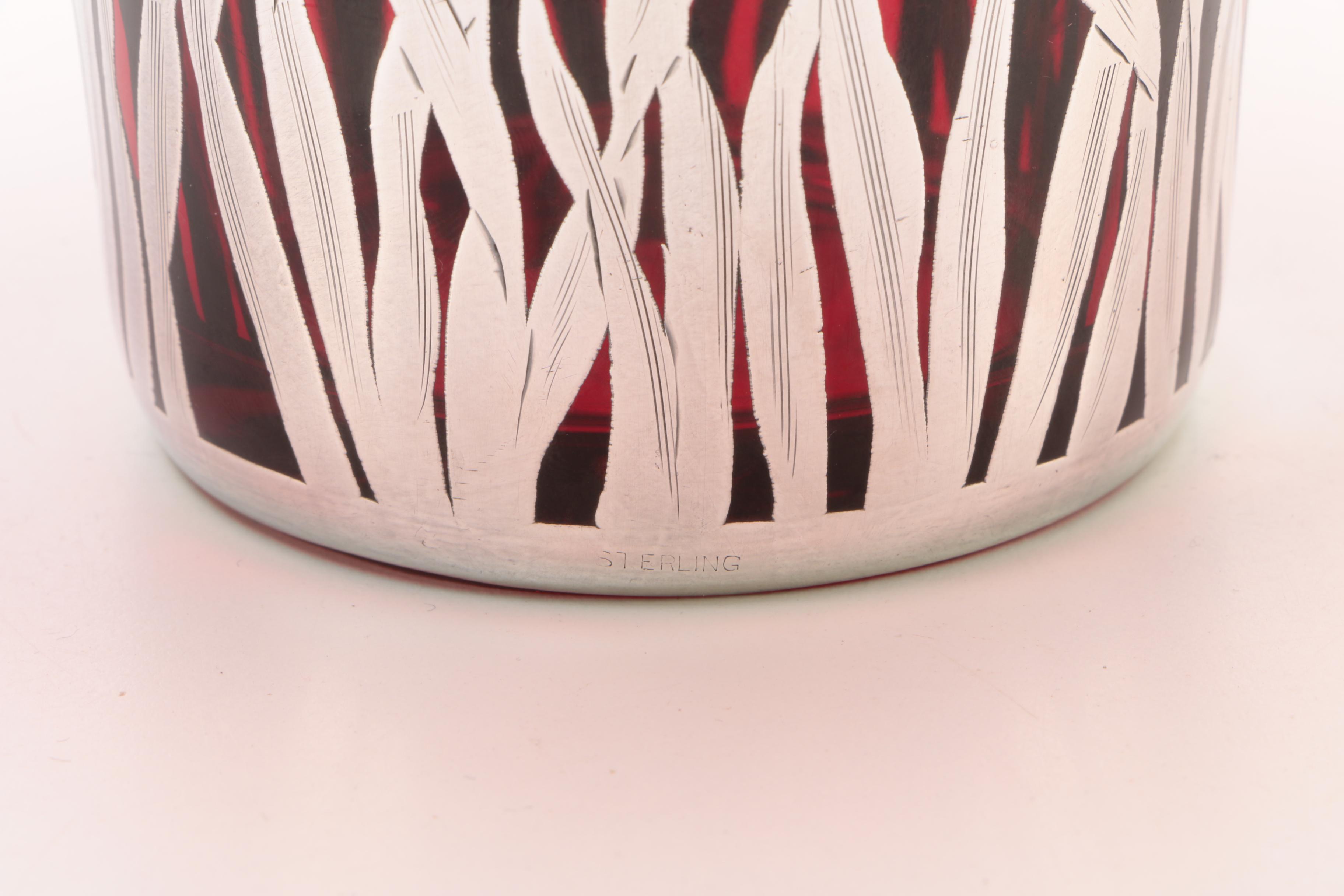 Vintage Rockwell Ruby Glass Vase with Sterling Silver Overlay