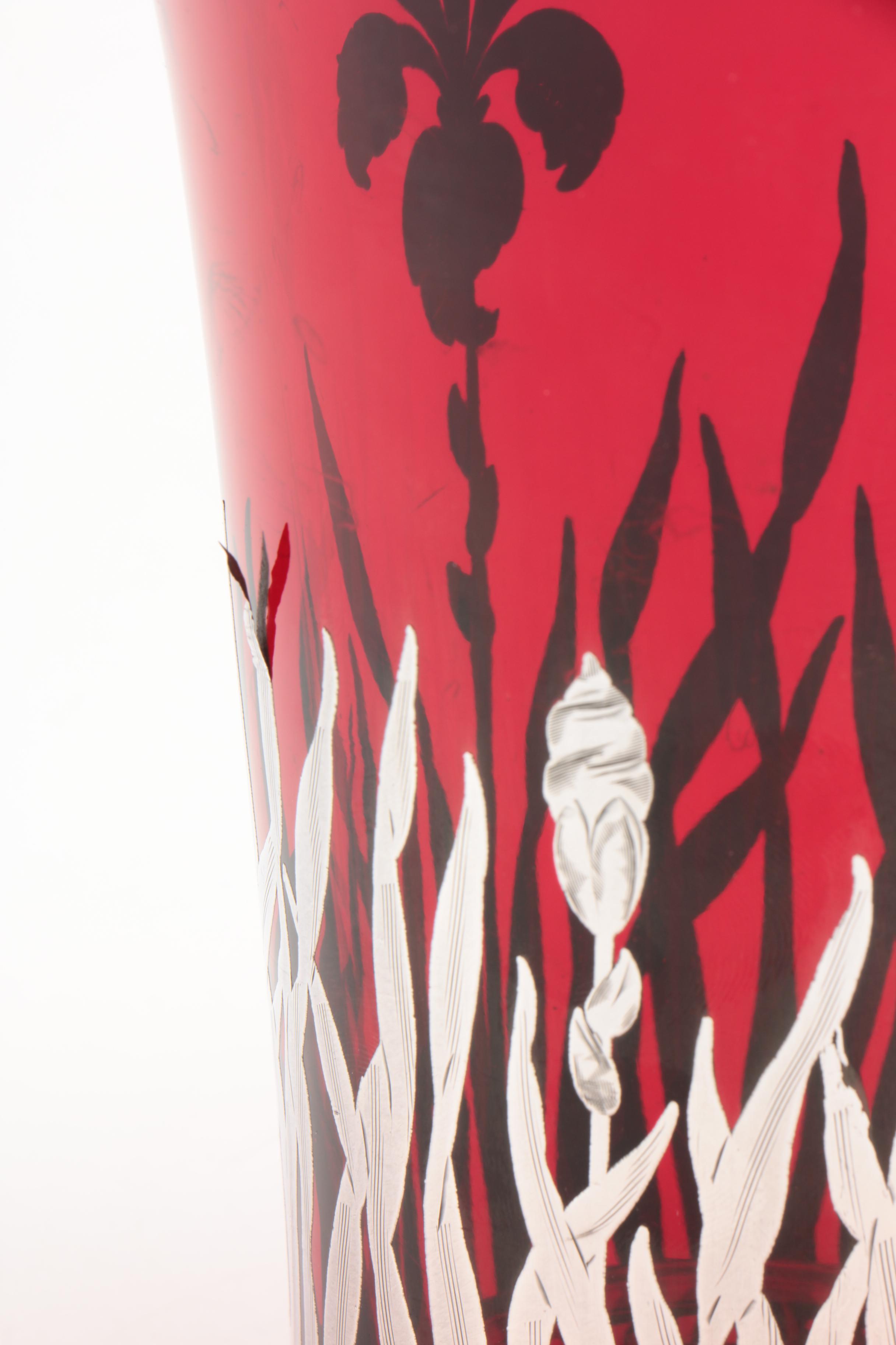 Vintage Rockwell Ruby Glass Vase with Sterling Silver Overlay