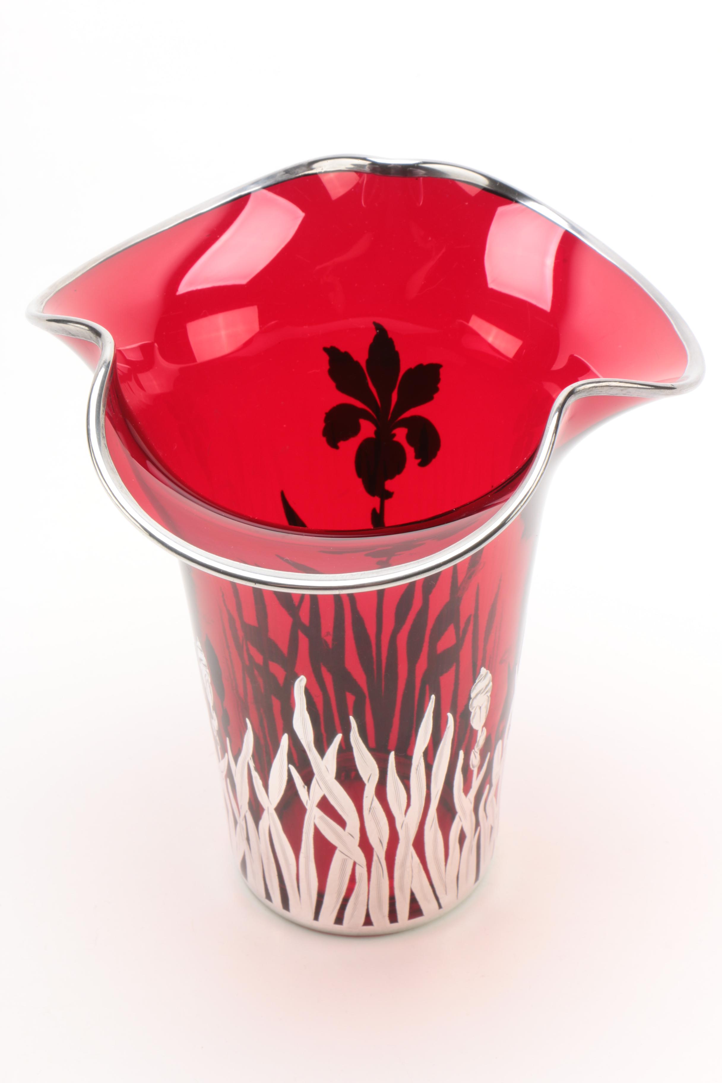 Vintage Rockwell Ruby Glass Vase with Sterling Silver Overlay