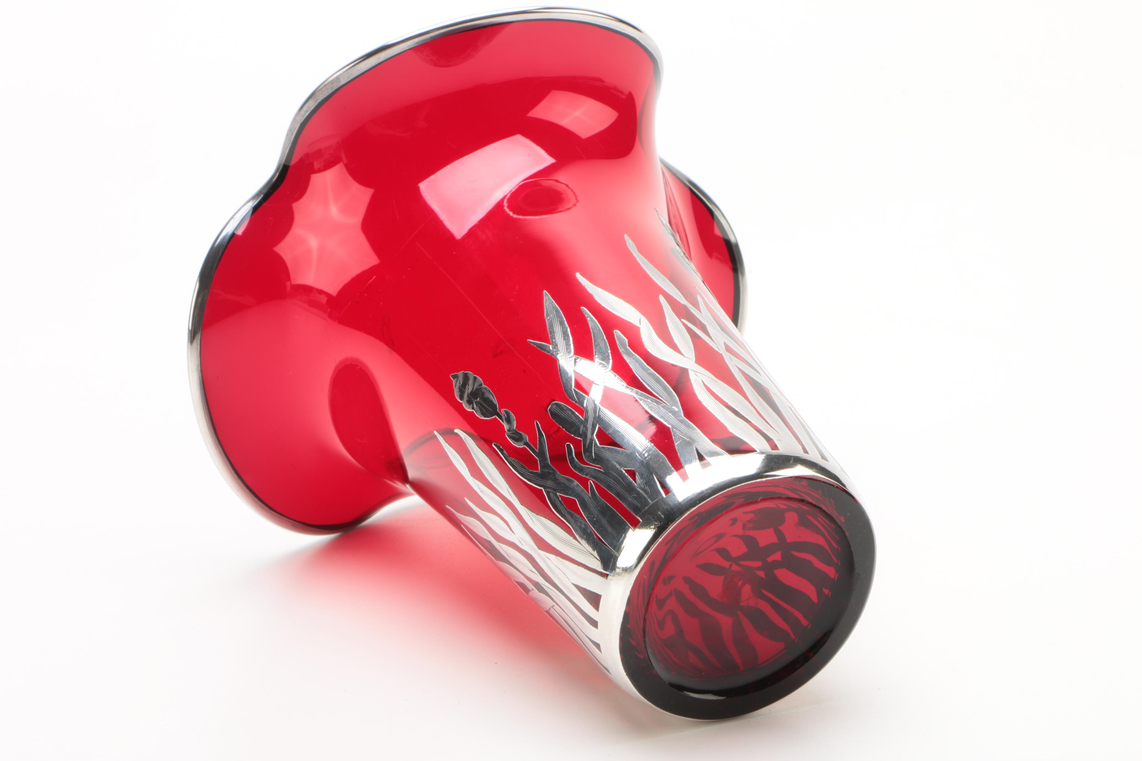 Vintage Rockwell Ruby Glass Vase with Sterling Silver Overlay