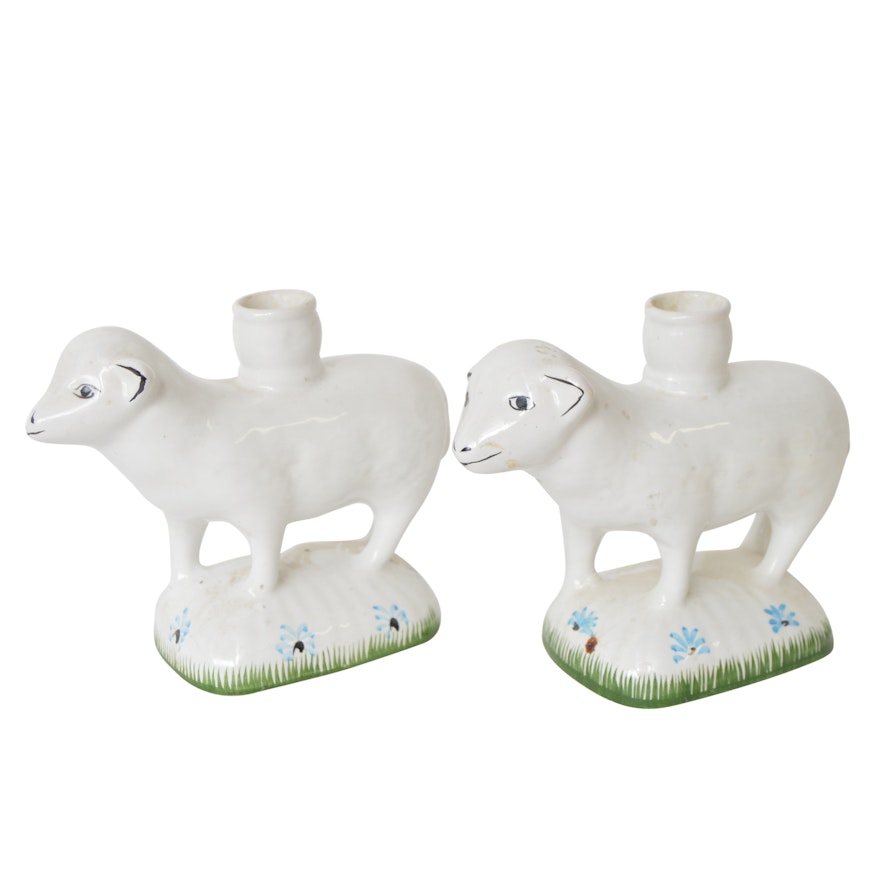 Portuguese Hand Painted Porcelain Lamb Candleholders