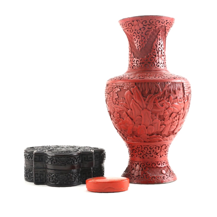 Chinese Lacquerware Vase and Decorative Boxes