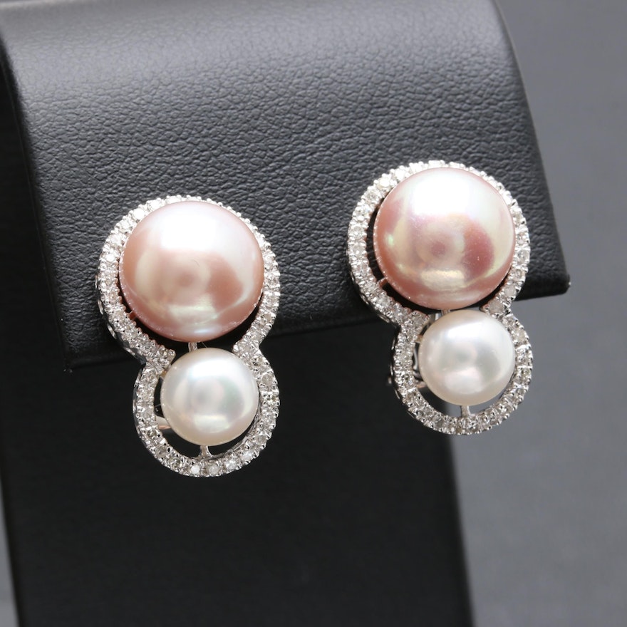 14K White Gold Cultured Pearl and Diamond Earrings