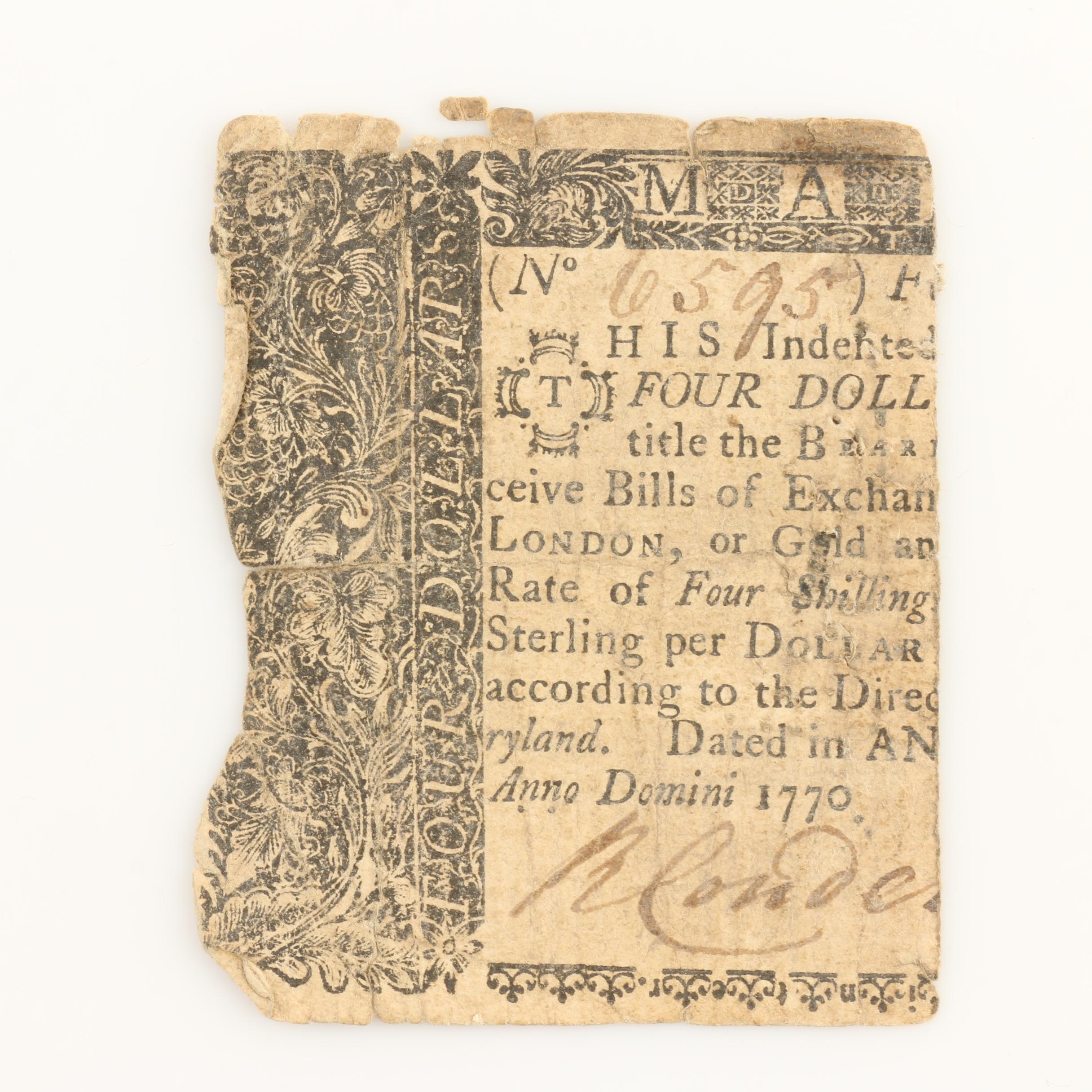 1770 $4 Partial Colonial America Banknote