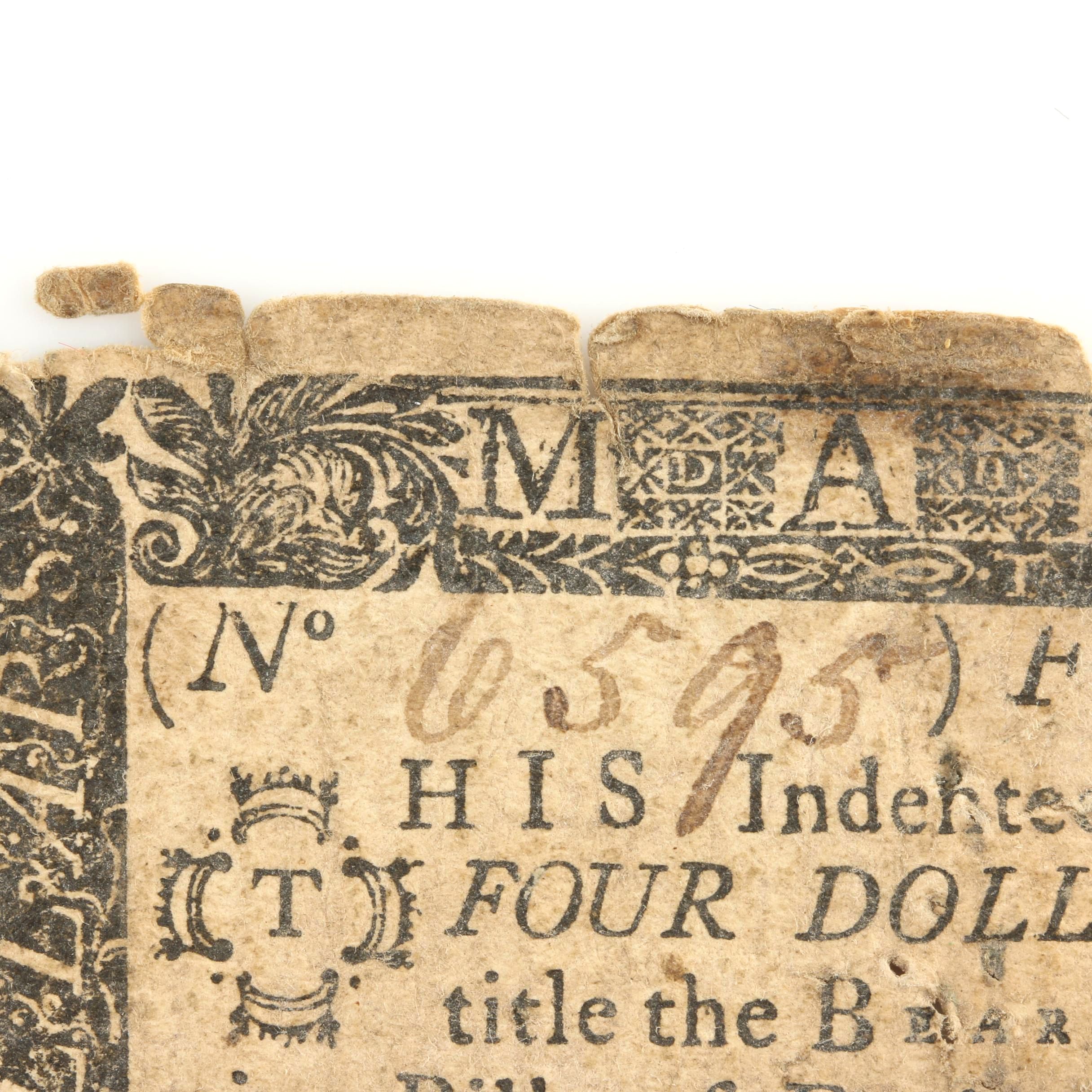 1770 $4 Partial Colonial America Banknote